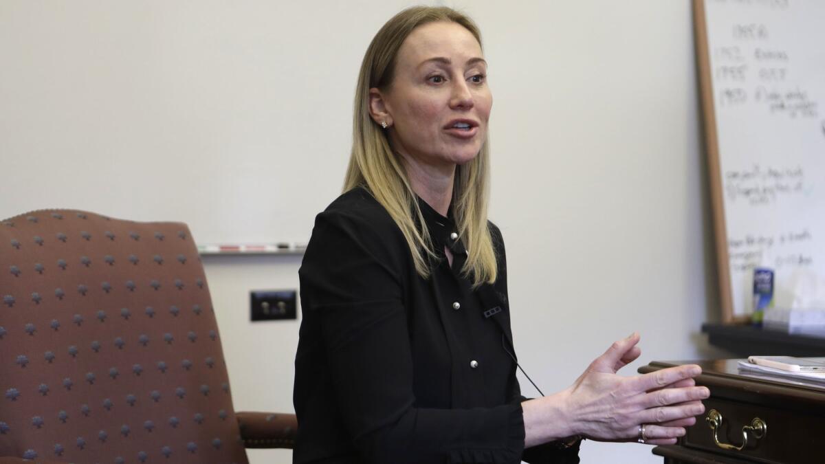 Belinda Stronach, CEO of The Stronach Group that owns the Santa Anita race track, is interviewed in the Executive Offices of the race track. The group just put into place controversial medication rules and banned jockey use of the whip.