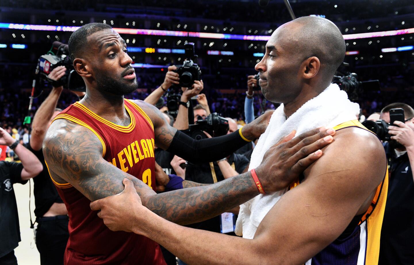 Kobe Bryant and the Cavaliers LeBron James hug after the last time they faced each other on the court at Staples Center, March 10.