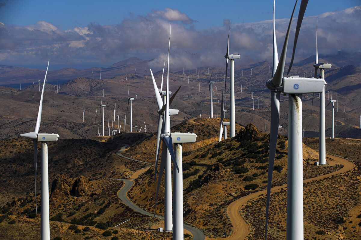 Dozens of wind turbines rise from a mountain range. 