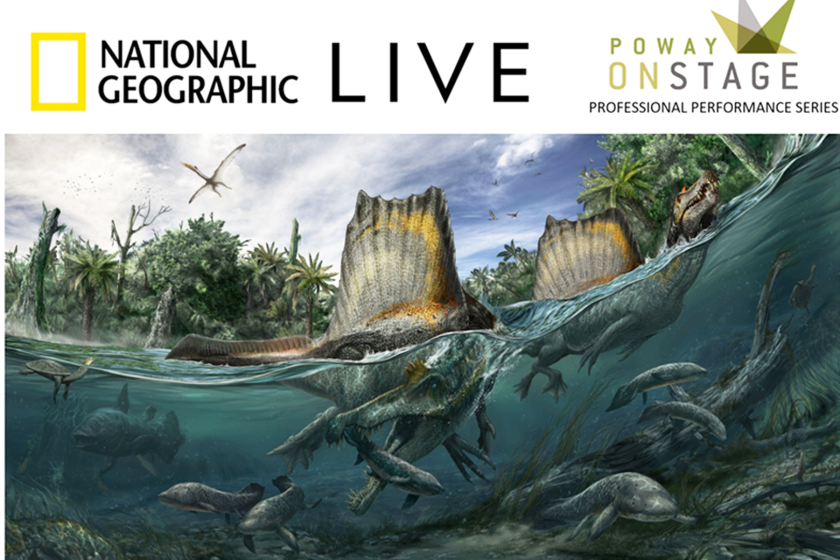 A promotional image for National Geographic Live's "Reimaging Dinosaurs."