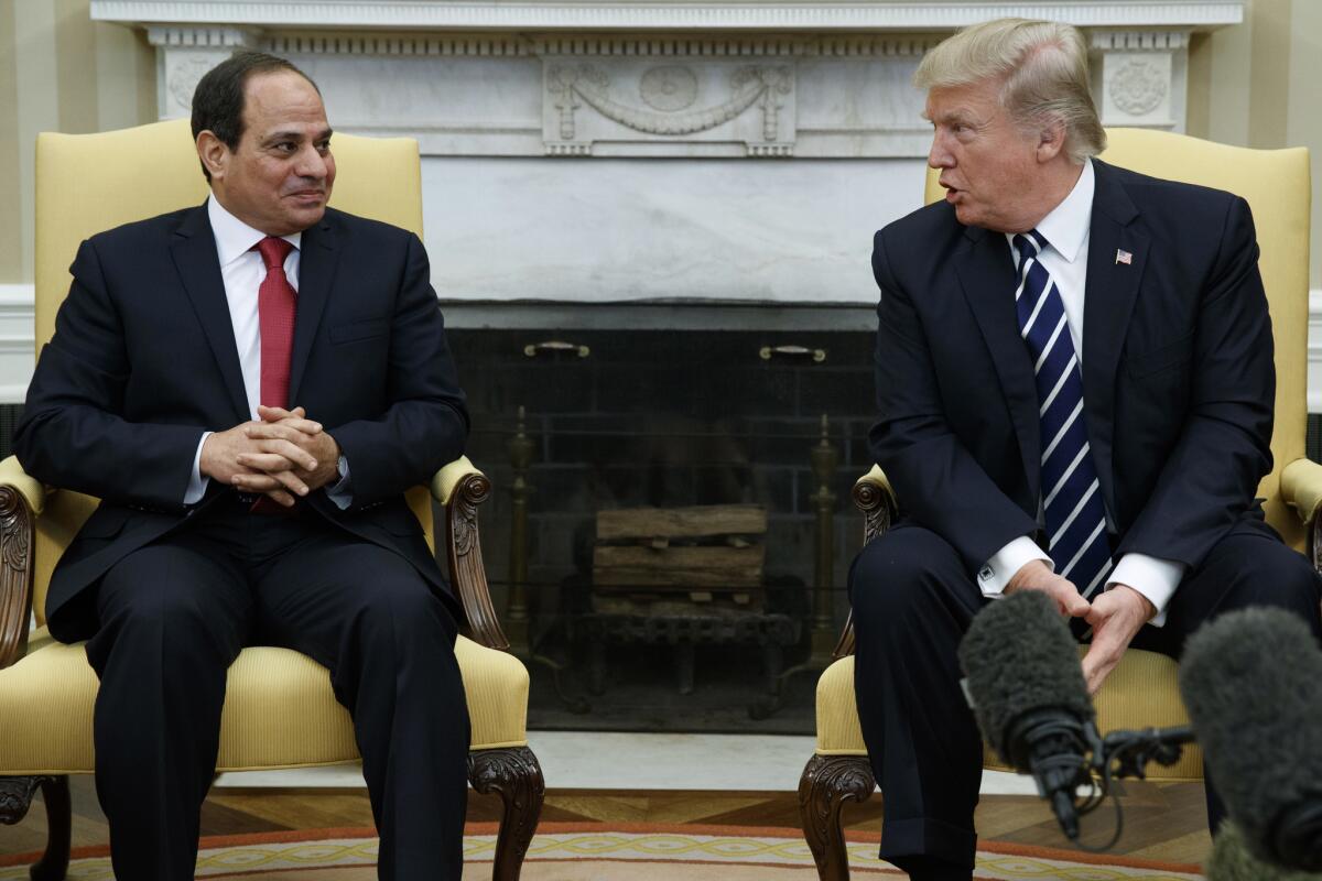 President Donald Trump meets with Egyptian President Abdel Fattah el-Sisi in the Oval Office of the White House in Washington on April 3, 2017.