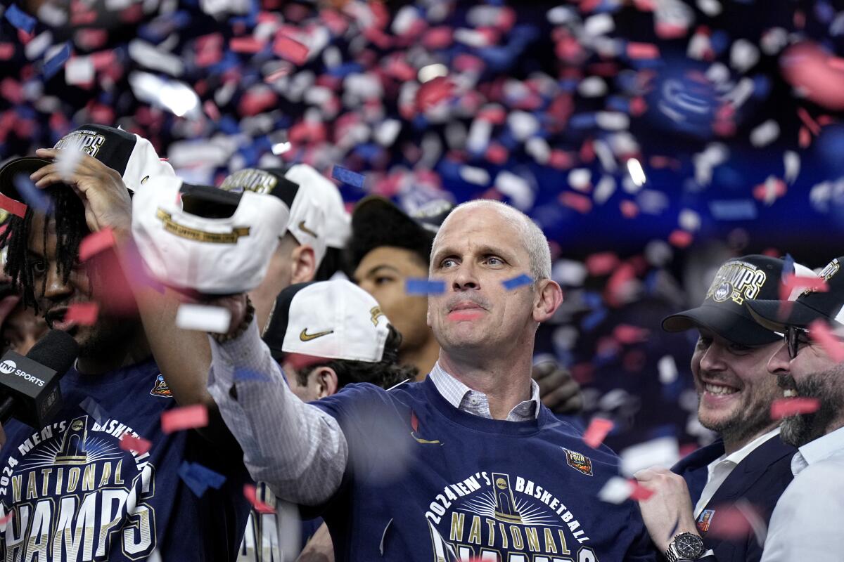 UConn coach Dan Hurley celebrates after the NCAA men's basketball title game.