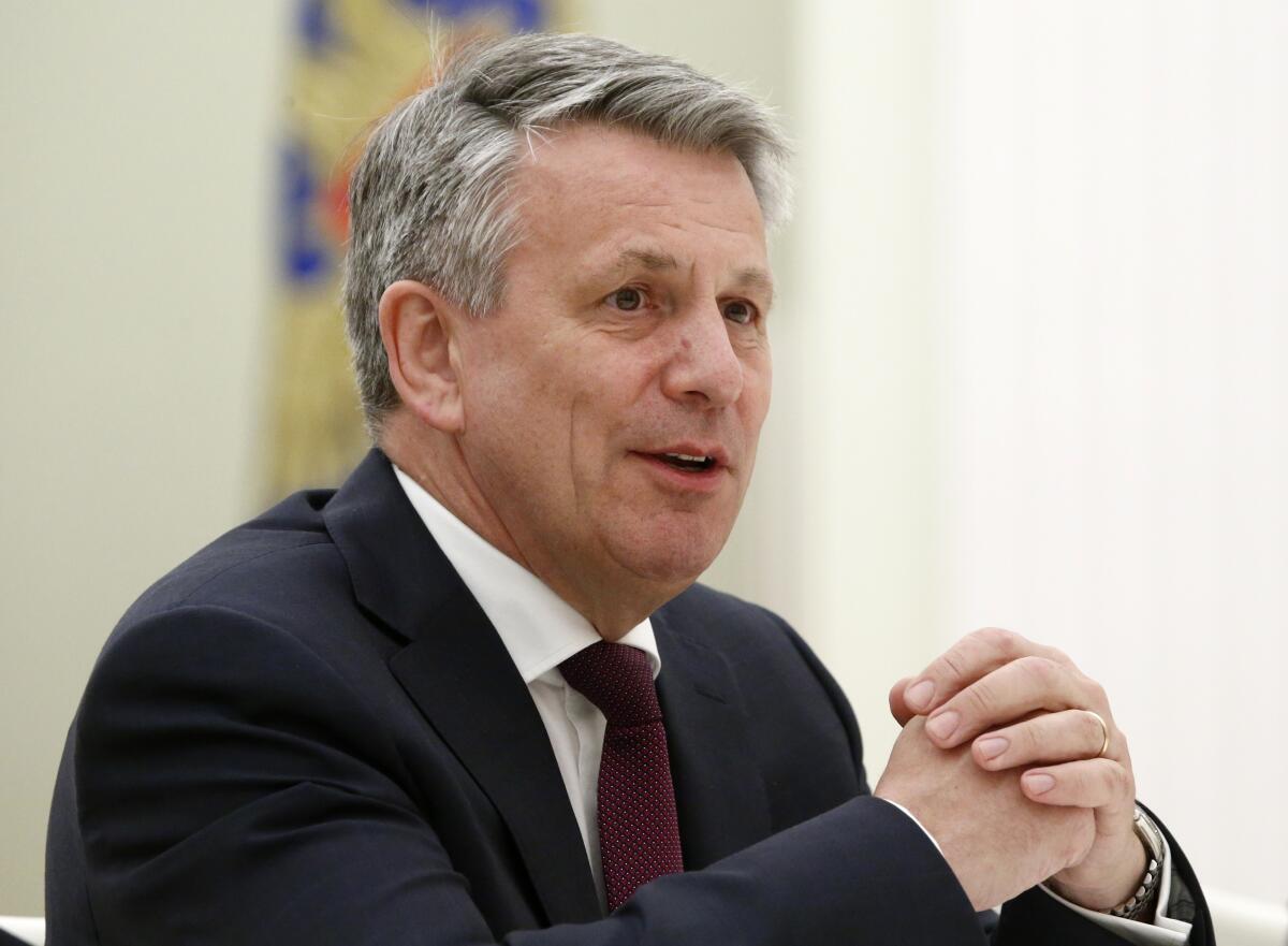 FILE - CEO of Royal Dutch Shell Ben van Beurden speaks at a meeting with Russian President Vladimir Putin in Moscow, Russia, Wednesday, June 21, 2017. Van Beurden, is stepping down at the end of the year after nine years in charge and will be replaced by Wael Sawan, the company announced Thursday, Sept. 15, 2022. (Sergei Karpukhin/Pool Photo via AP, File)