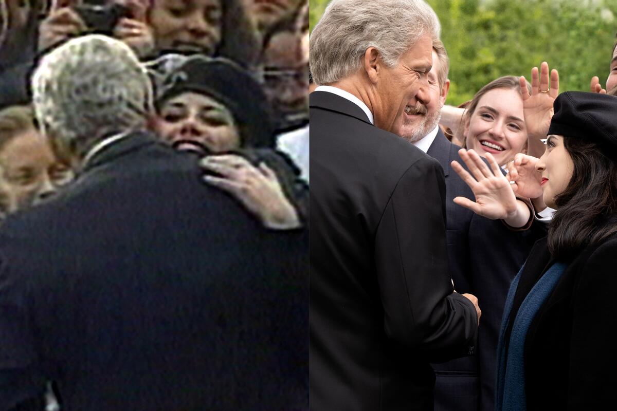 Left: Monica Lewinsky embraces President Bill Clinton. Right: Clive Owen and Beanie Feldstein dramatize that moment