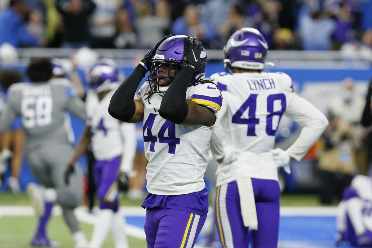 Minnesota Vikings safety Josh Metellus (44) reacts after the Detroit Lions won the game with a last second touchdown pass during the second half of an NFL football game, Sunday, Dec. 5, 2021, in Detroit. (AP Photo/Duane Burleson)