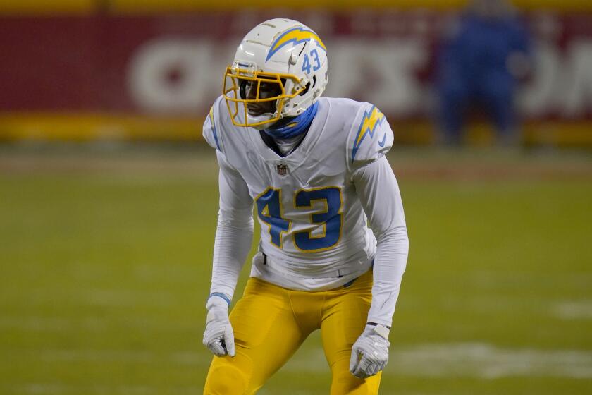 Los Angeles Chargers cornerback Michael Davis in action during the second half of an NFL football game against the Kansas City Chiefs Sunday, Jan. 3, 2021, in Kansas City, Mo. (AP Photo/Jeff Roberson)