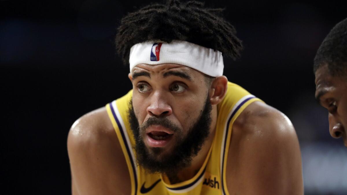 The Lakers' JaVale McGee is shown against the Warriors on April 4, 2019.