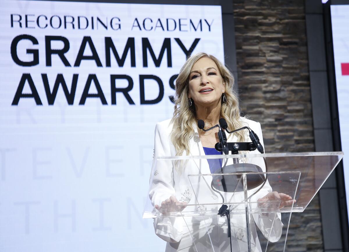 Deborah Dugan, then Recording Academy president and chief executive, at the 62nd Grammy Awards nominations on Nov. 20.