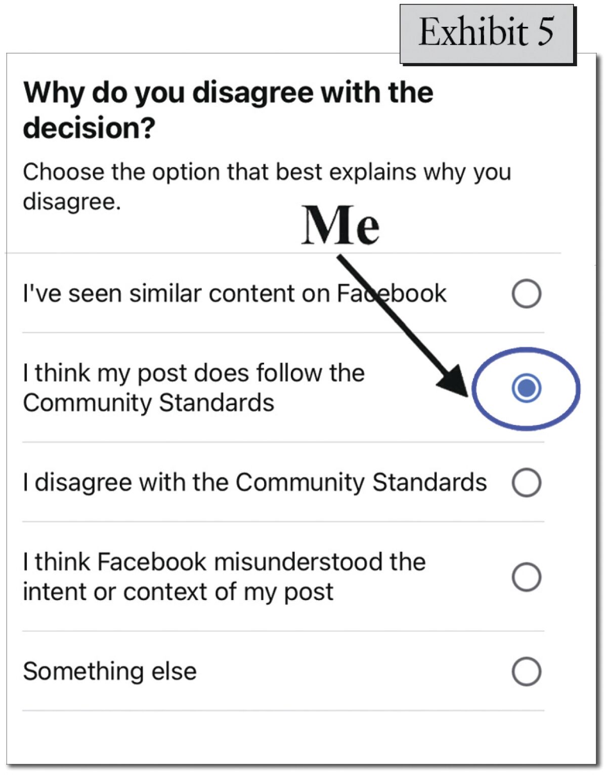 Screenshot by David Chartrand of a Facebook notification "Why do you disagree with the decision?"
