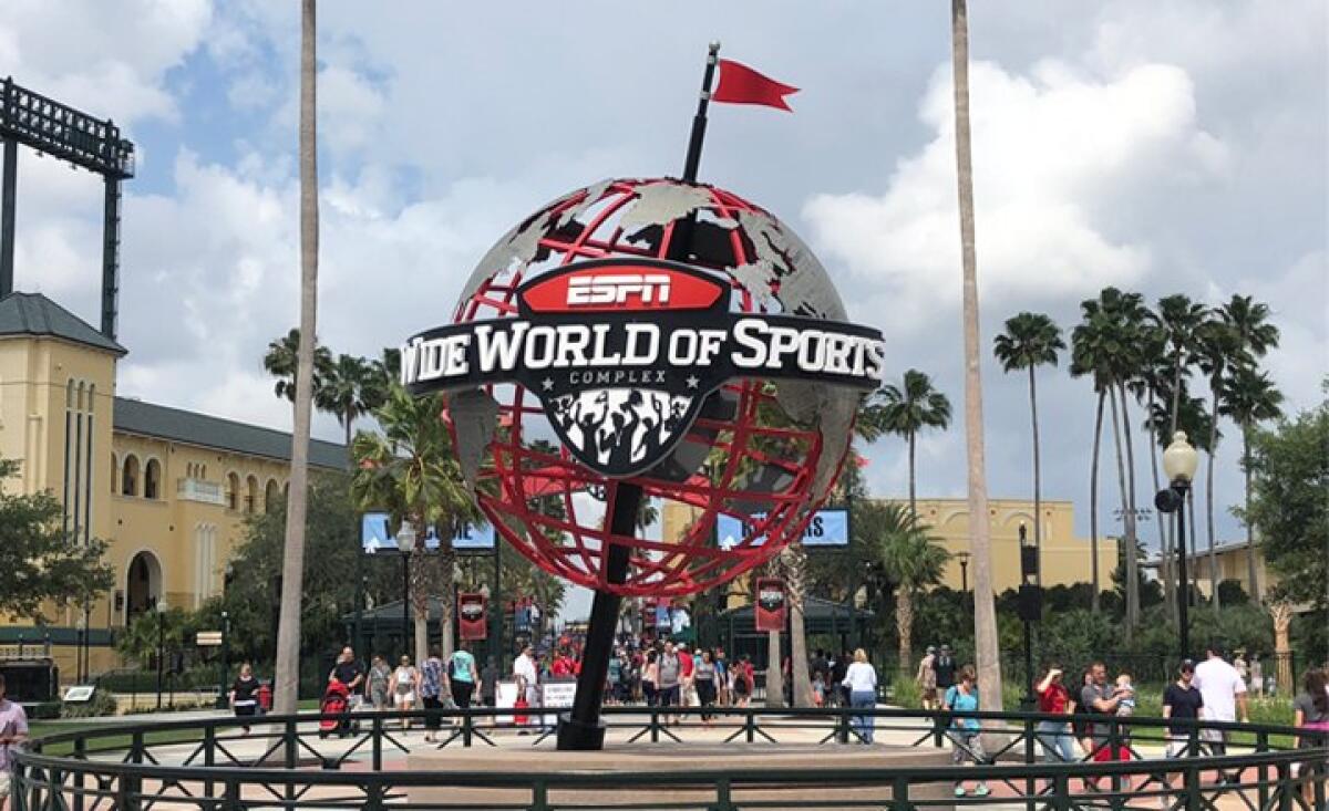 A giant globe encircled by the words "Wide World of Sports" with a red flag on top