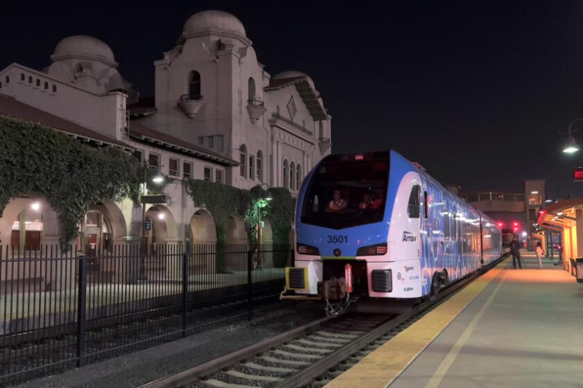 San Bernardino, California—ZEMU arriving on June 30, 2024 in San Bernardino. San Bernardino County’s Transit Authority debuting its new zero pollution passenger rail, known as ZEMU, short for Zero Emission Multiple Unit. The cost is roughly $20 million and it’s a 108-passenger blue-and-white water vapor designed-looking train. (San Bernardino County Transit Authority)