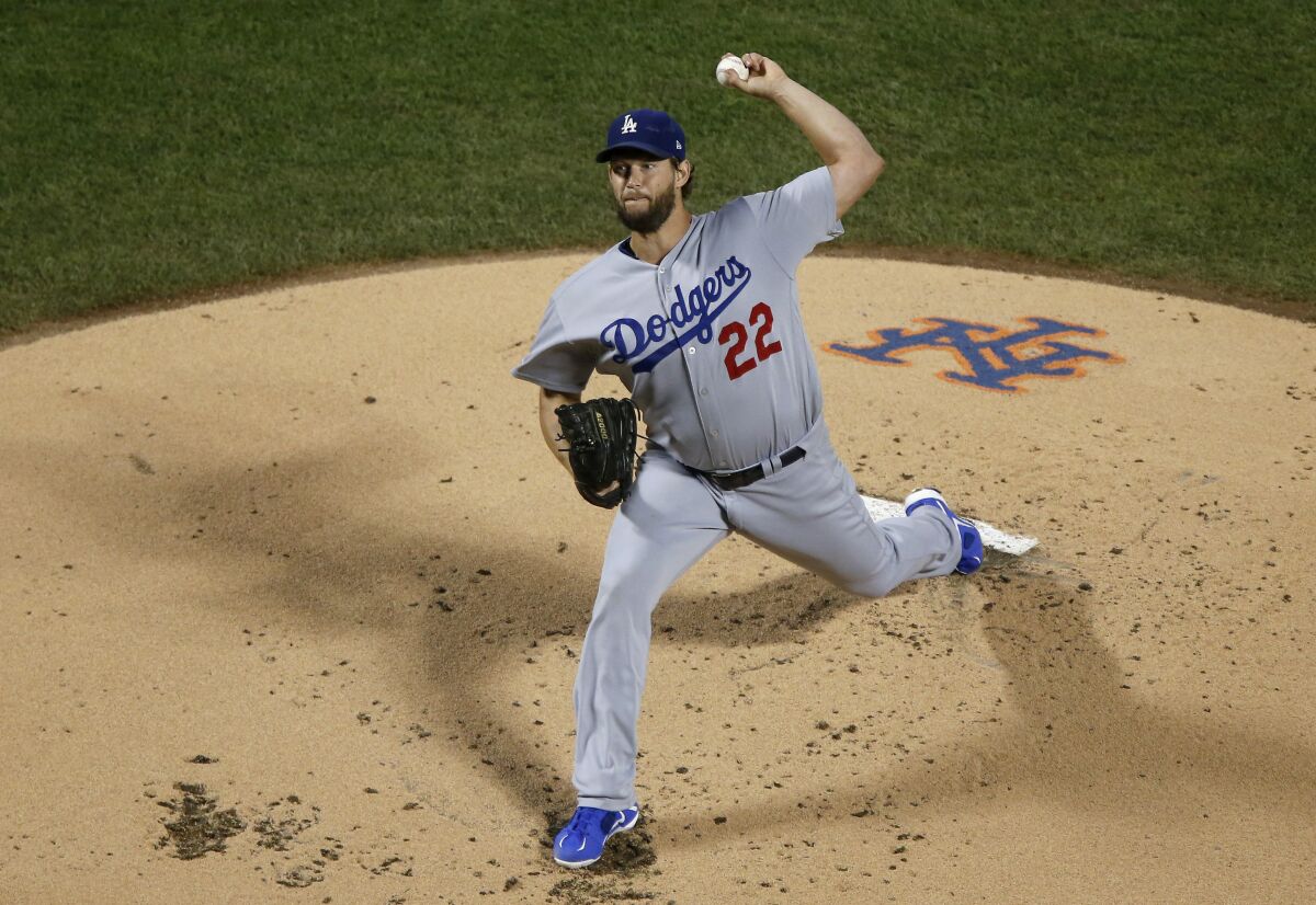 Dodgers starter Clayton Kershaw delivers during the first inning of a 9-2 victory over the New York Mets on Friday.