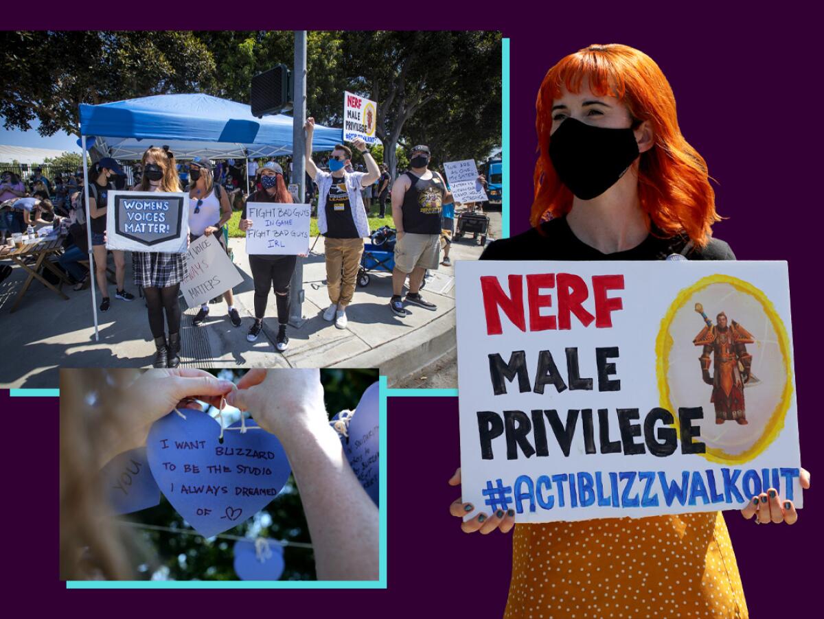 A group of people carrying protest signs, a woman holding a sign and a person hanging a heart-shaped tag.