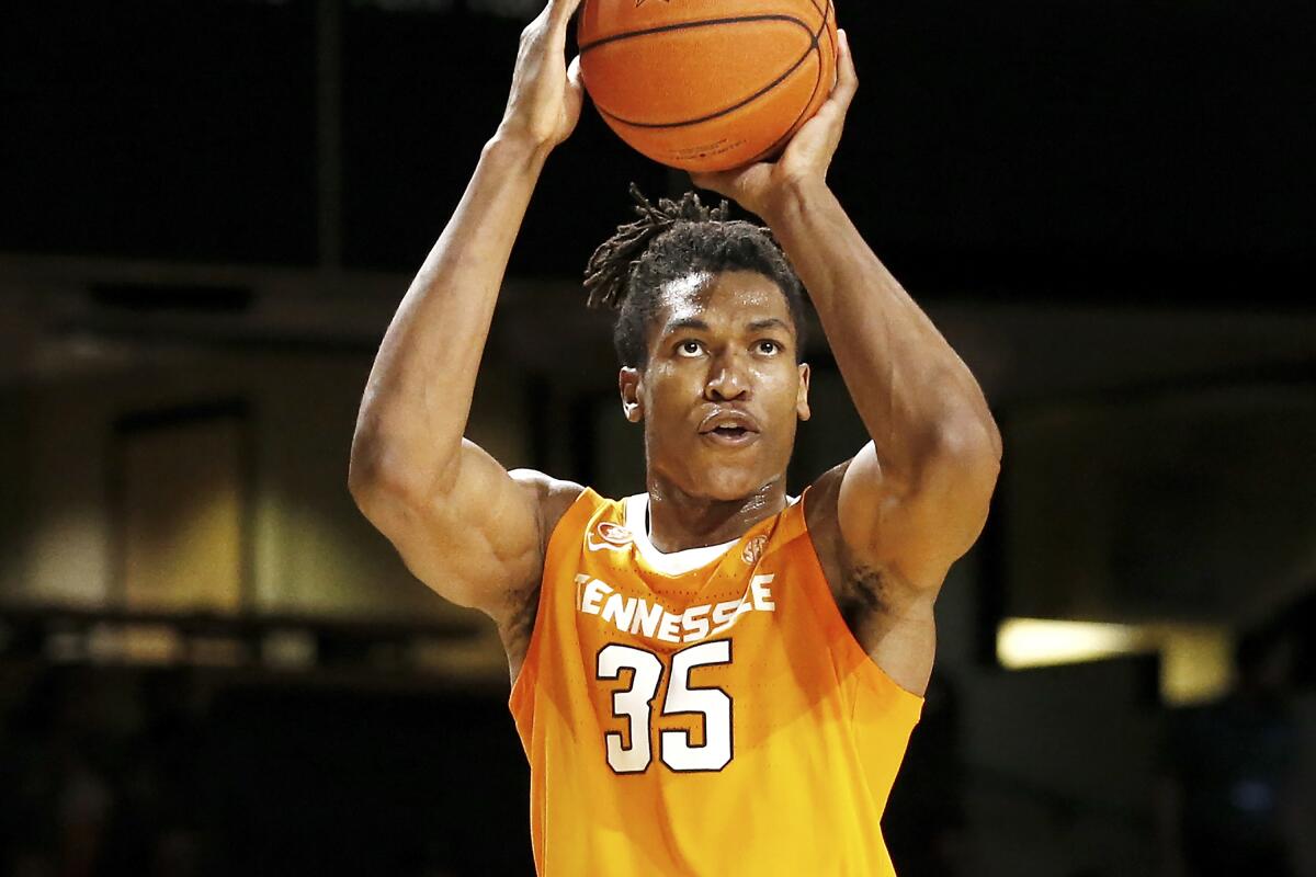 FILE — In this Jan. 18, 2020, file photo, Tennessee guard Yves Pons plays against Vanderbilt in an NCAA college basketball game in Nashville, Tenn. The combination of experience and talent has raised expectations that Tennessee can win the SEC regular season title for the second time in four seasons and maybe even think of the program's first Final Four. (AP Photo/Mark Humphrey, File)