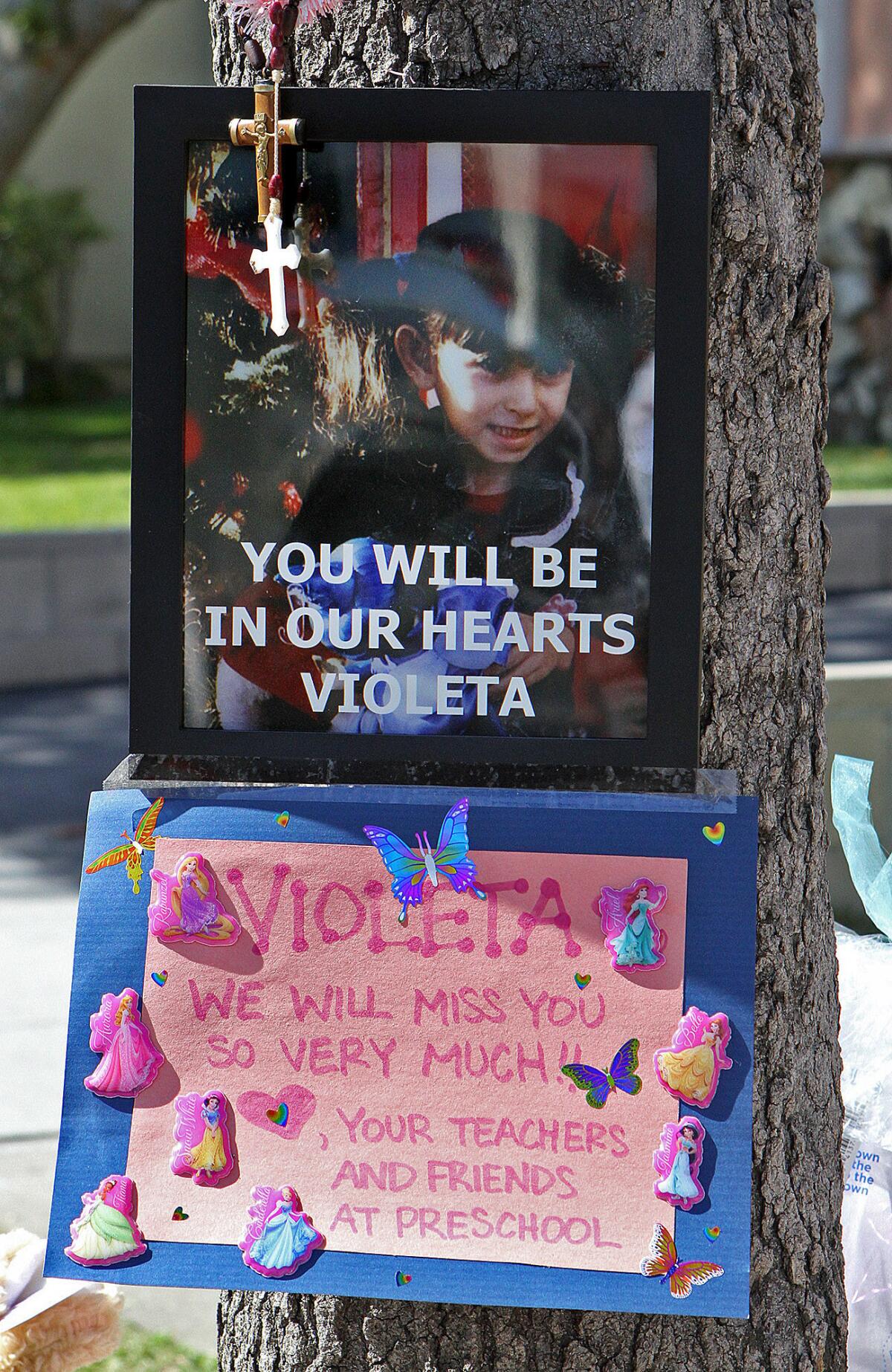 An image of 4-year-old Violeta Khachatoorians on a tree at a memorial for her in Glendale on Monday, March 9, 2015. Violeta was killed Friday, March 6 by a hit-and-run driver who turned himself in the next day.