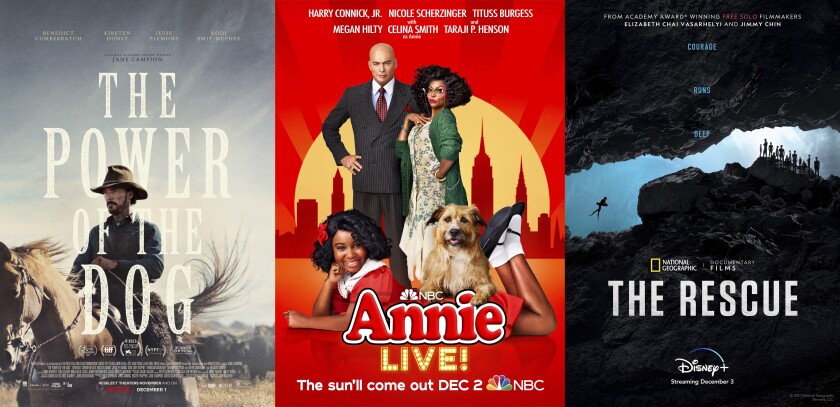 This combination of photos shows promotional art for "The Power of the Dog," a film premiering on Netflix on Dec. 1, left, "Annie Live!," premiering Dec. 2 on NBC, and "The Rescue," a documentary premiering Dec. 3 on Disney+. (Netflix/NBC/Disney+ via AP)