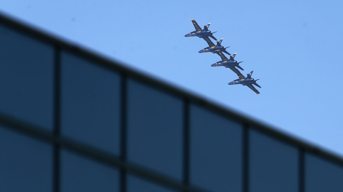 The U.S. Navy Blue Angels practice for the Miramar Air Show on September 27, 2018. The air show runs through Sunday. (Photo by K.C. Alfred/San Diego Union-Tribune)
