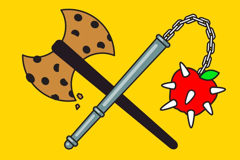 illustration of two middle age weapons, an axe with blade formed by cookie, and a mace with an apple.