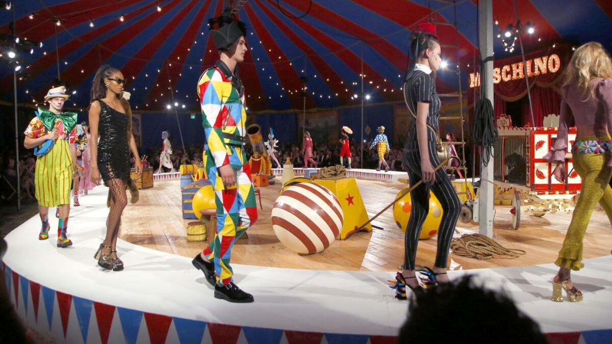 The finale of the Moschino circus-themed runway show at the L.A. Equestrian Center in Burbank on June 8, 2018. The label plans to present the women's resort 2020 and men's spring and summer 2020 collections on the Universal Studios backlot on June 7.