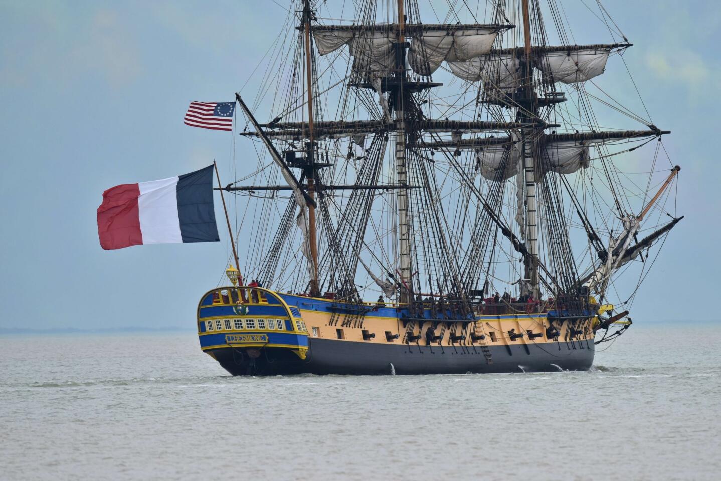The replica of the French navy frigate Hermione, which played a key role in the American Revolution, set sail from France on its maiden voyage to the United States on April 18.