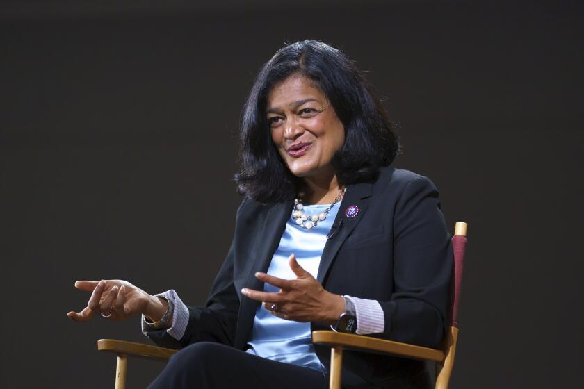 In this Oct. 7, 2021, photo, Rep. Pramila Jayapal, D-Wash., chair of the nearly 100-member Congressional Progressive Caucus, talks to The Associated Press at the Capitol in Washington. In a letter on Oct. 13 to House Speaker Nancy Pelosi, President Joe Biden and Senate Majority Leader Chuck Schumer, the leaders of the Congressional Progressive Caucus argue the package should not simply be narrowed as centrist lawmakers prefer, but instead kept as Biden's bigger vision but for fewer than 10 years — “shorter, transformative investments” that could be started quickly and then revisited. “Much has been made in recent weeks about the compromises necessary to enact this transformative agenda,” wrote Jayapal, and other leaders of the 96-member progressive caucus in their letter, obtained by The Associated Press. (AP Photo/J. Scott Applewhite)