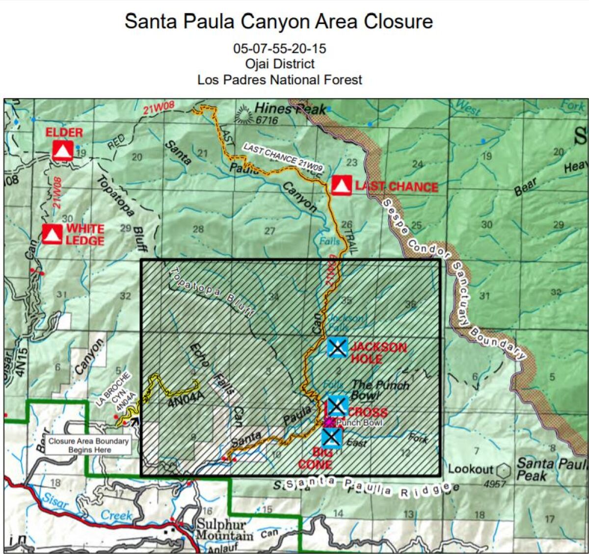 This map shows the closure area covered by the Los Padres National Forest's recent closure order in Ventura County.