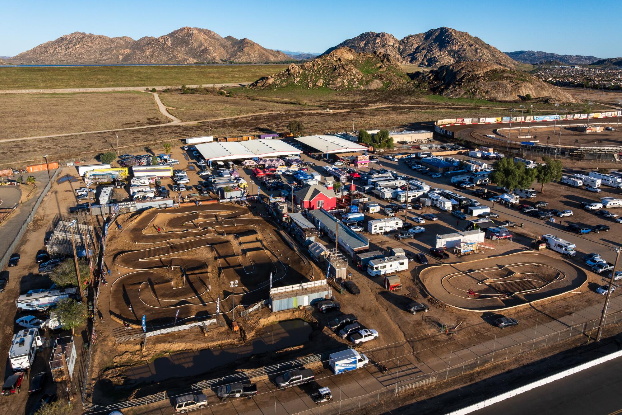 An aerial view of the race track on the left during the annual Dirt Nitro Challenge