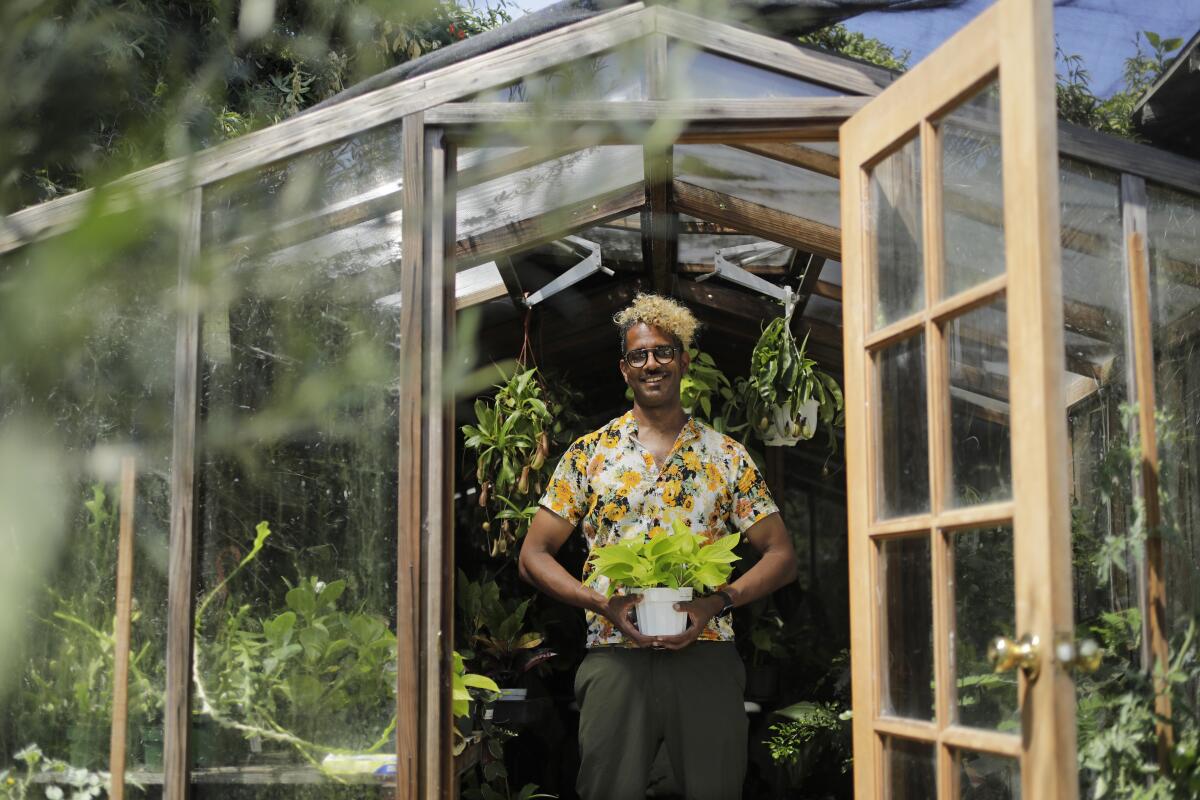 Hank Jenkins, owner of the Plant Provocateur boutique, in his greenhouse at his Silver Lake home.