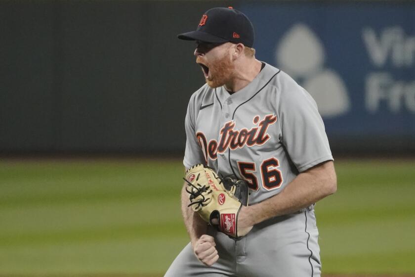 Detroit Tigers starting pitcher Spencer Turnbull reacts after he threw a no-hitter in a baseball game against the Seattle Mariners, Tuesday, May 18, 2021, in Seattle. The Tigers won 5-0. (AP Photo/Ted S. Warren)