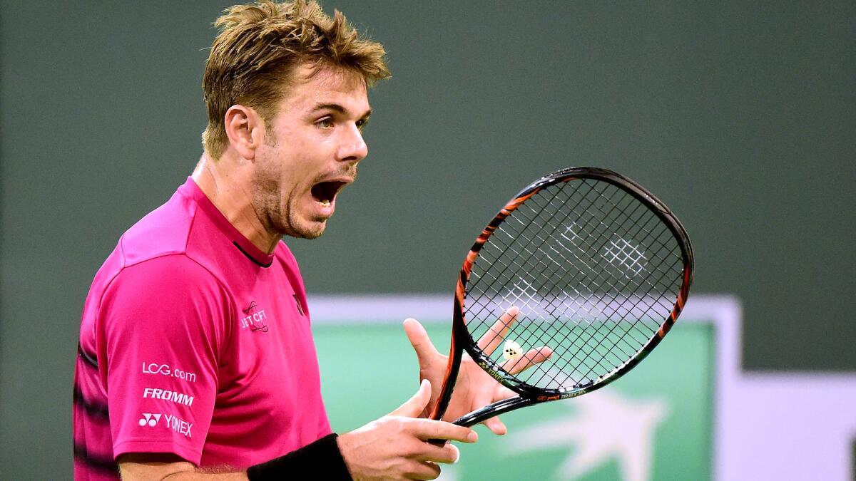 Stan Wawrinka reacts to his play during his win over Yoshihito Nishioka in the fourth round of the BNP Paribas Open on Wednesday night.