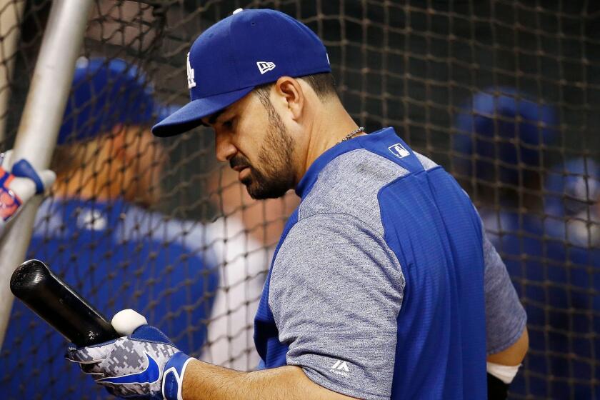 Los Angeles Dodgers' Adrian Gonzalez checks out his bat during batting practice prior to a baseball game against the Arizona Diamondbacks Friday, April 21, 2017, in Phoenix. (AP Photo/Ross D. Franklin)