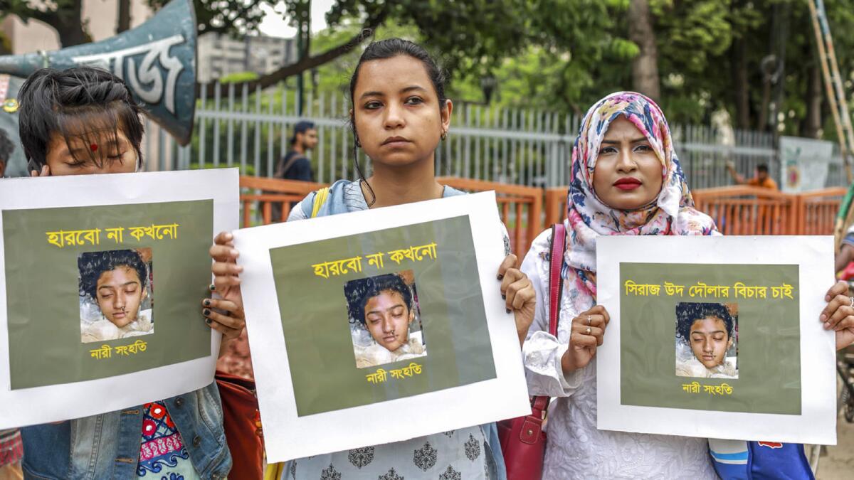 Women in Dhaka at an April 12 demonstration in memory of Nusrat Jahan Rafi.