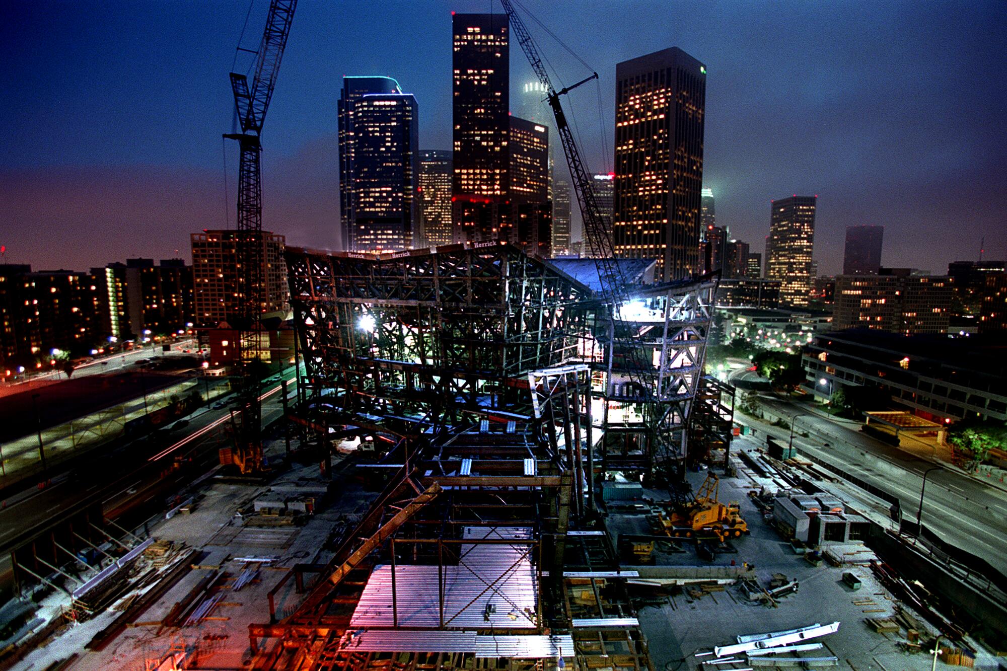 A night view of Disney Hall under construction in 2001.