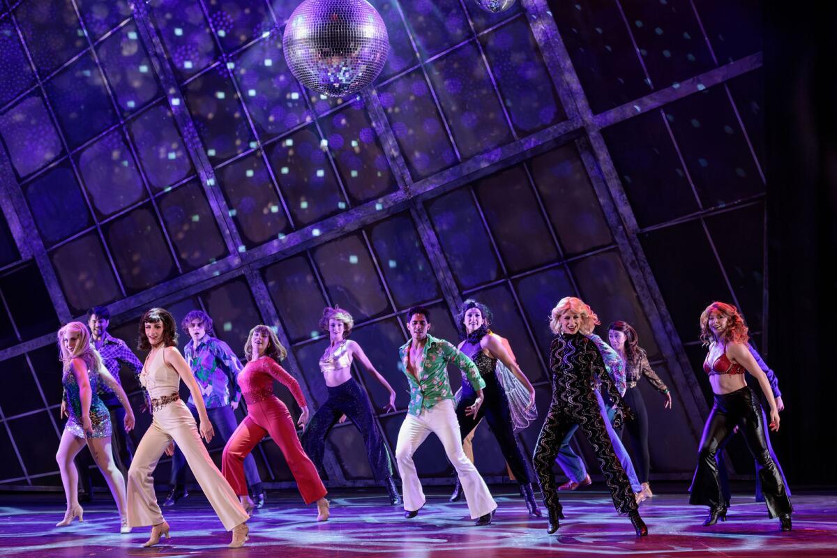 A dance scene in "Saturday Night Fever, the Musical" at Moonlight Amphitheatre.