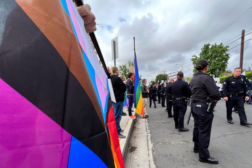 NORTH HOLLYWOOD CA JUNE 2, 2023 - LAPD and school police were on hand outside Saticoy Elementary School in North Hollywood Friday as some parents protested a Pride Month recognition at the campus. (Myung J. Chun. /Los Angeles Times)