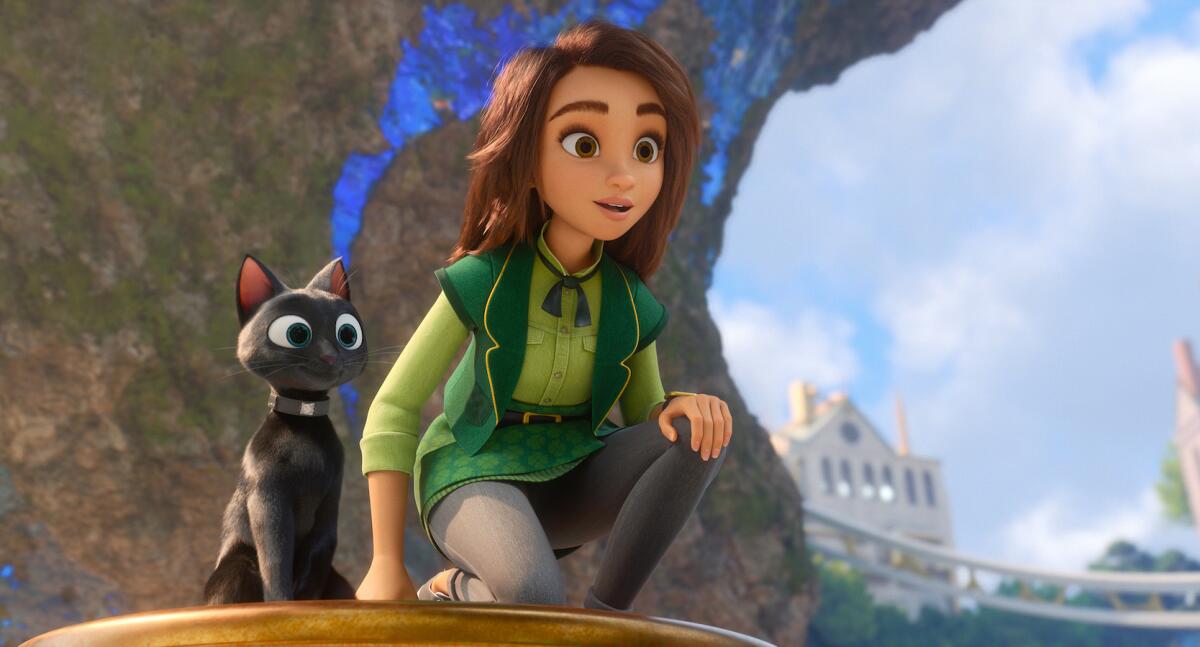 A black cat perches with the central character in the animated movie “Luck.”