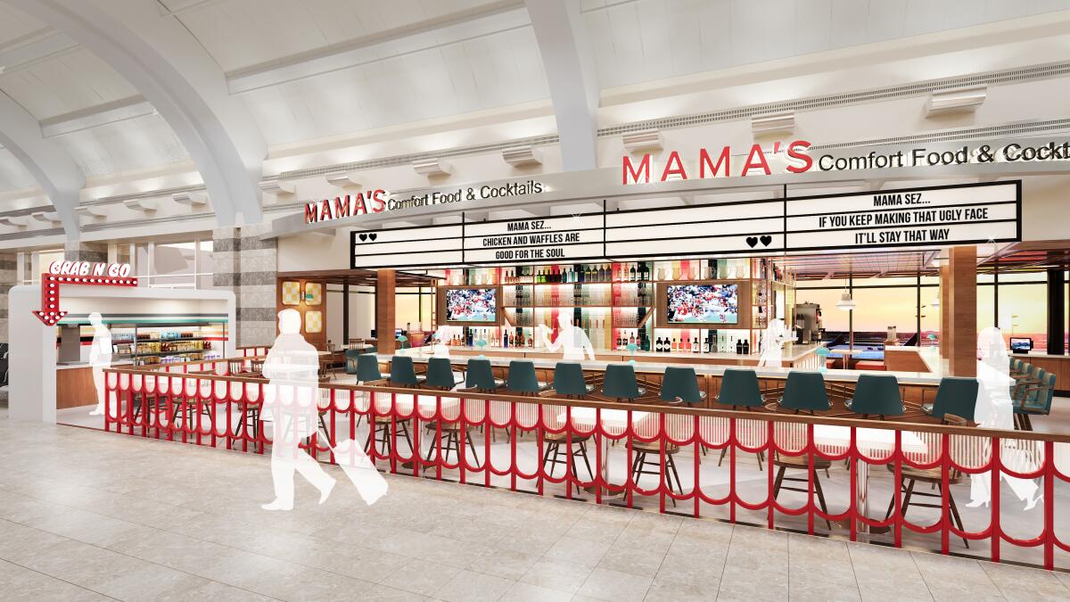 An artist rendering of a restaurant inside an airport.