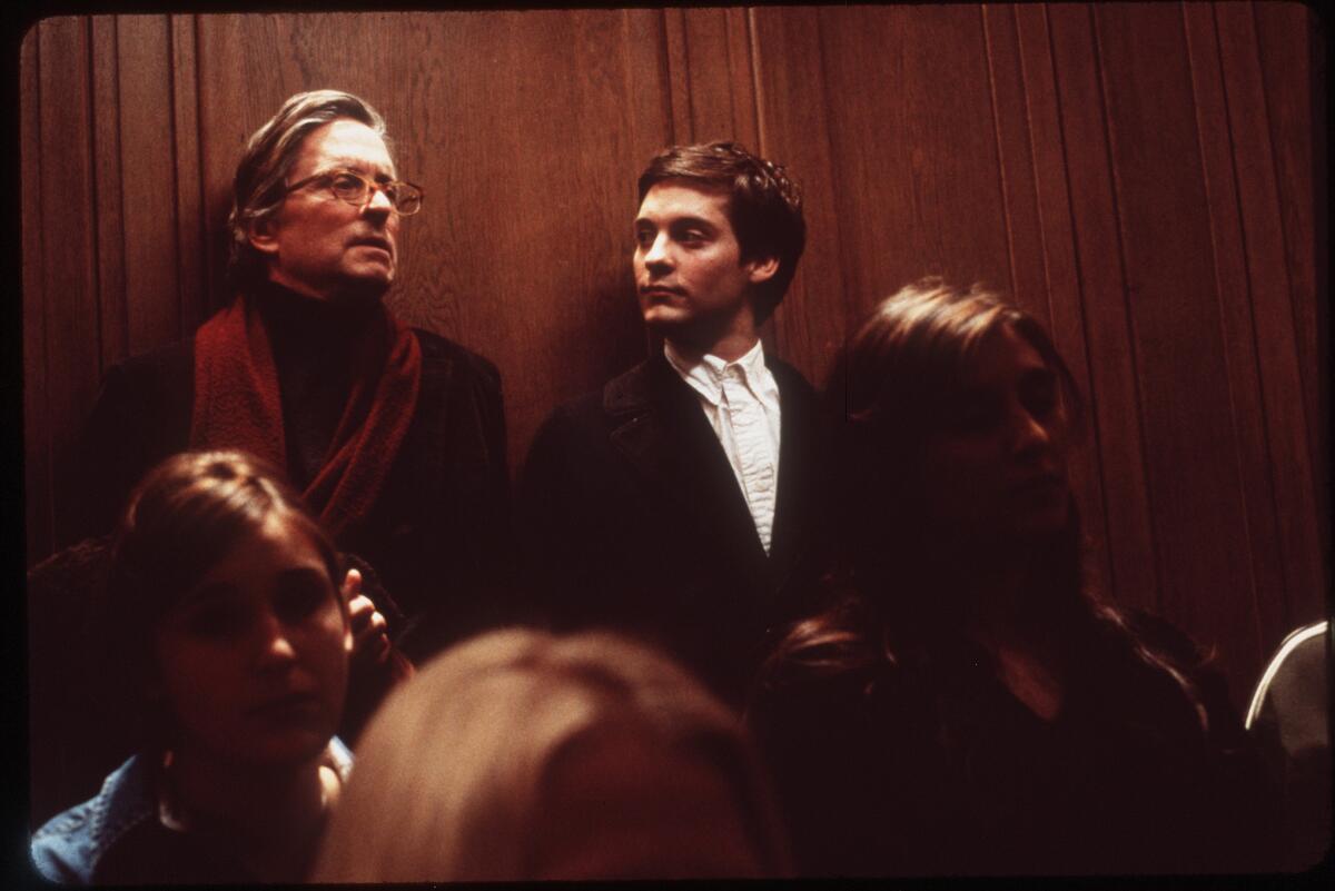 Michael Douglas, left, as Grady Tripp and Tobey Maguire as James Leer in Paramount Pictures "Wonder Boys." 