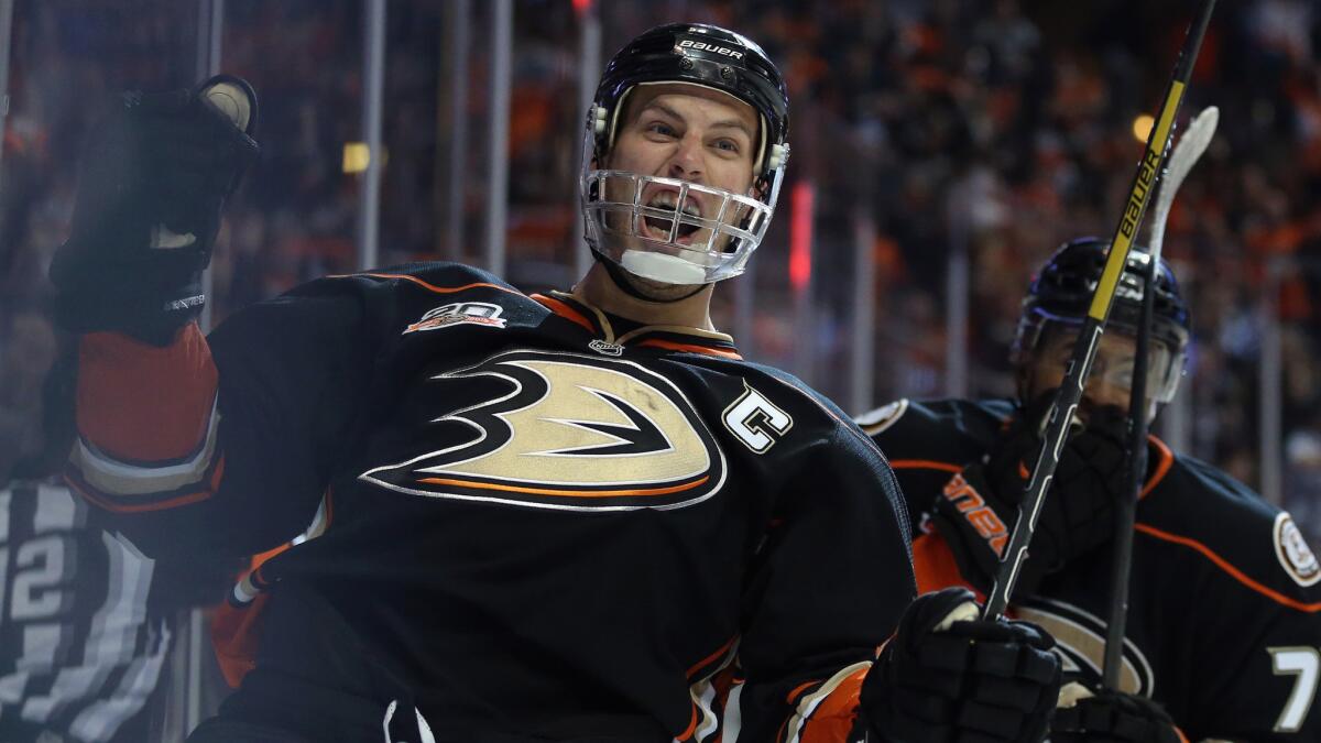 Ducks captain Ryan Getzlaf celebrates after scoring a goal against the Dallas Stars in Game 2 of the Western Conference quarterfinals. Getzlaf has carried over his impressive regular-season performance into the postseason.