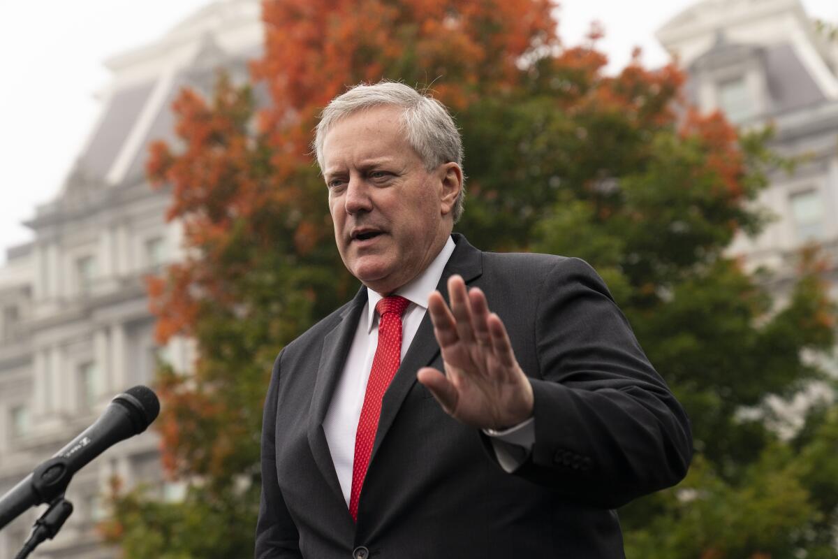 Mark Meadows speaks into a microphone outdoors