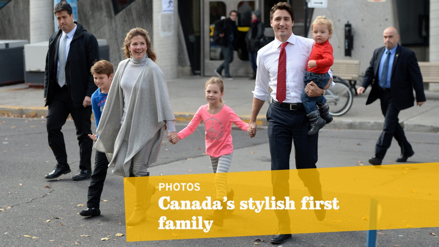 Justin Trudeau and his family arrive to vote at a polling station in Montreal on Monday.
