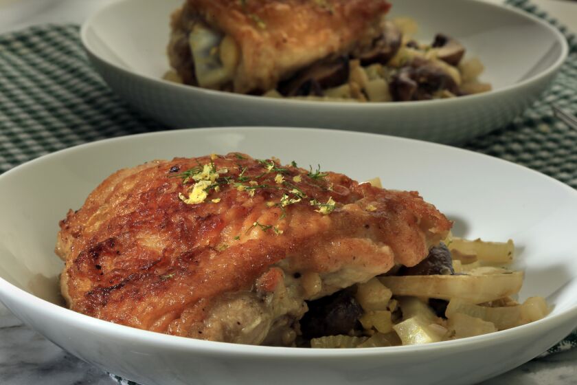 Chicken braised with fennel, mushrooms and olives