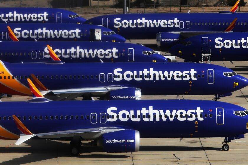 VICTORVILLE, CA - MARCH 27: A number of Southwest Airlines Boeing 737 MAX aircraft are parked at Southern California Logistics Airport on March 27, 2019 in Victorville, California. Southwest Airlines is waiting out a global grounding of MAX 8 and MAX 9 aircraft at the airport. (Photo by Mario Tama/Getty Images) ** OUTS - ELSENT, FPG, CM - OUTS * NM, PH, VA if sourced by CT, LA or MoD **