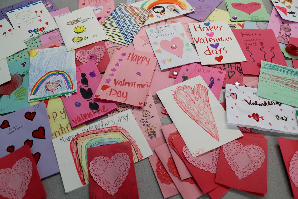 Valentines decorated by kids for senior citizens who participate in the Meals on Wheels program.