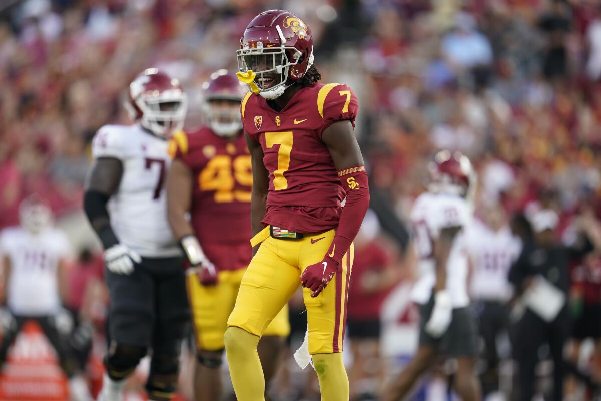 USC defensive back Calen Bullock reacts after making a tackle during the first half against Washington State.