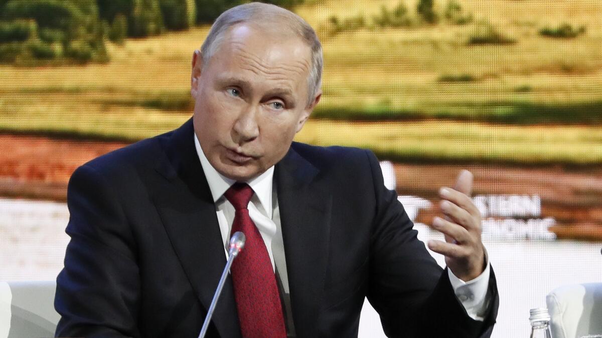 Russian President Vladimir Putin speaks at the Eastern Economic Forum in Vladivostok, Russia, on Sept. 12.