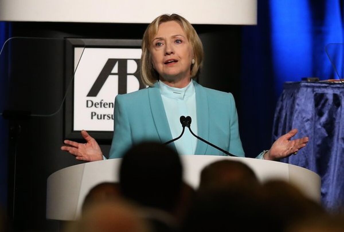Former Secretary of State Hillary Rodham Clinton speaks during the America Bar Assn. annual meeting in San Francisco.