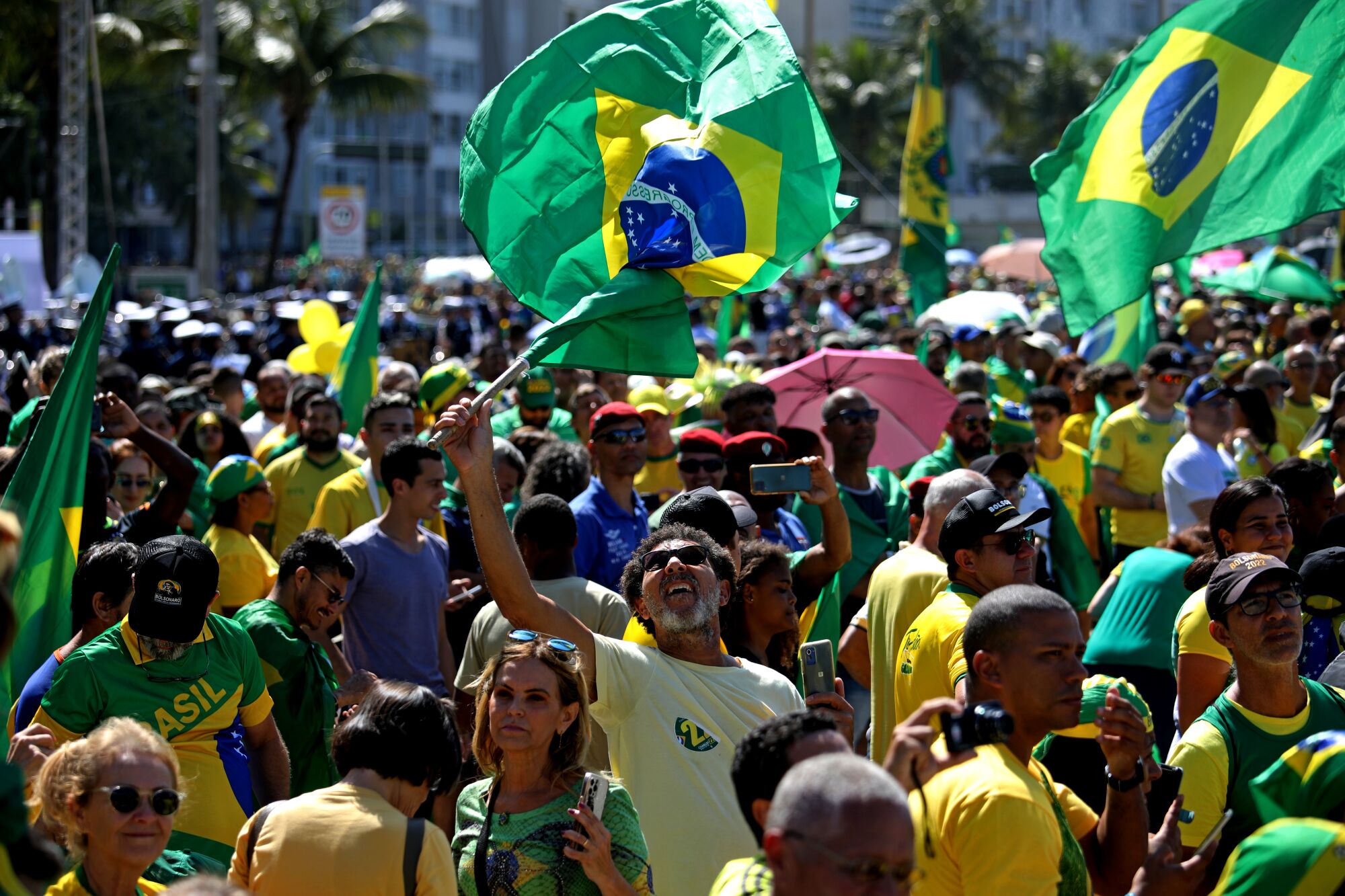 A crowd of people wearing yellow and green, with some waving green-and-yellow flags 