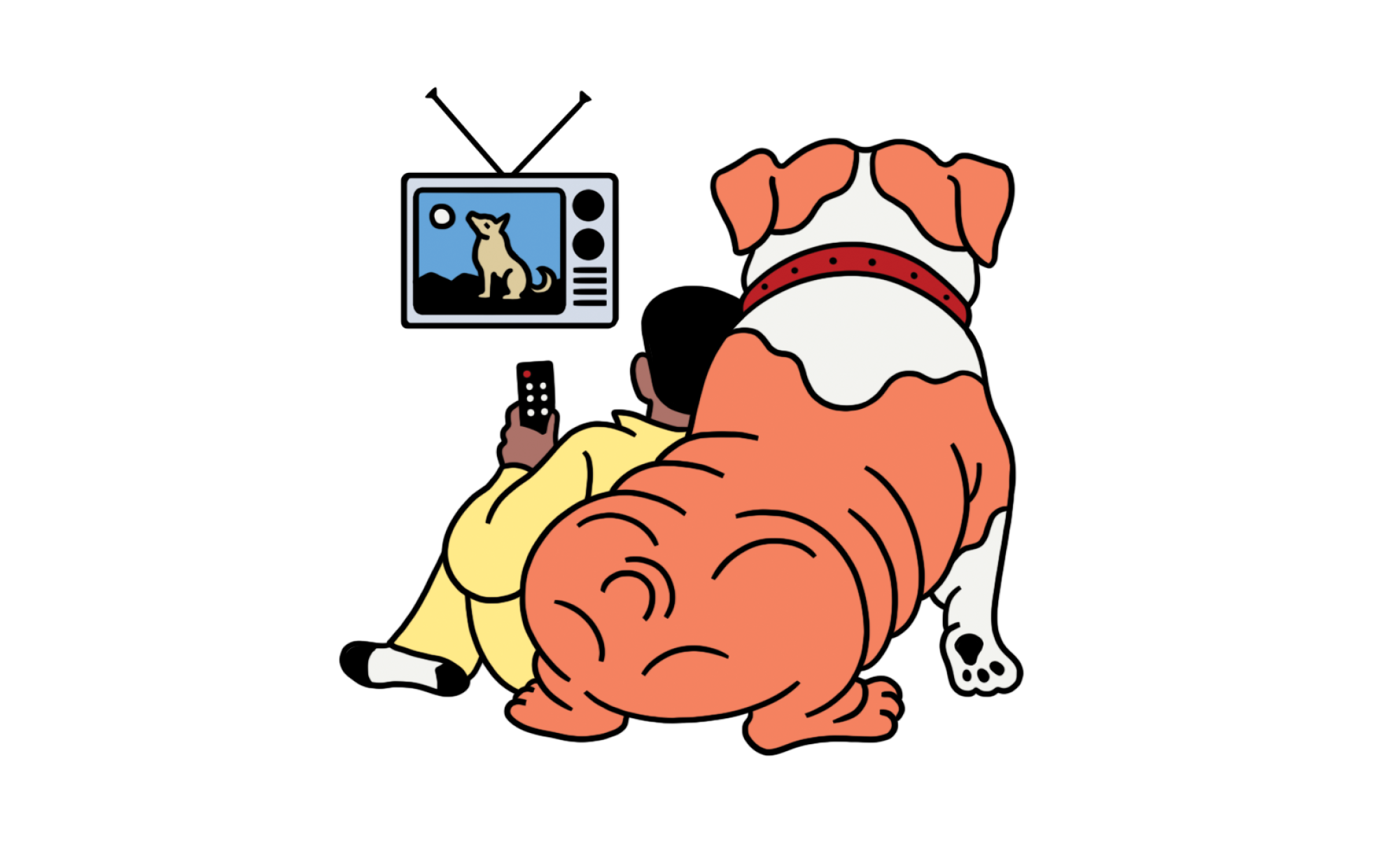illustration of a person cuddling up next to a bulldog watching television