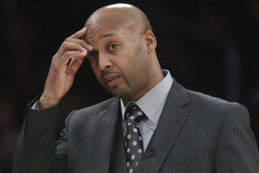 Denver Nuggets Coach Brian Shaw gestures during a game against the Lakers at Staples Center on Feb. 10.